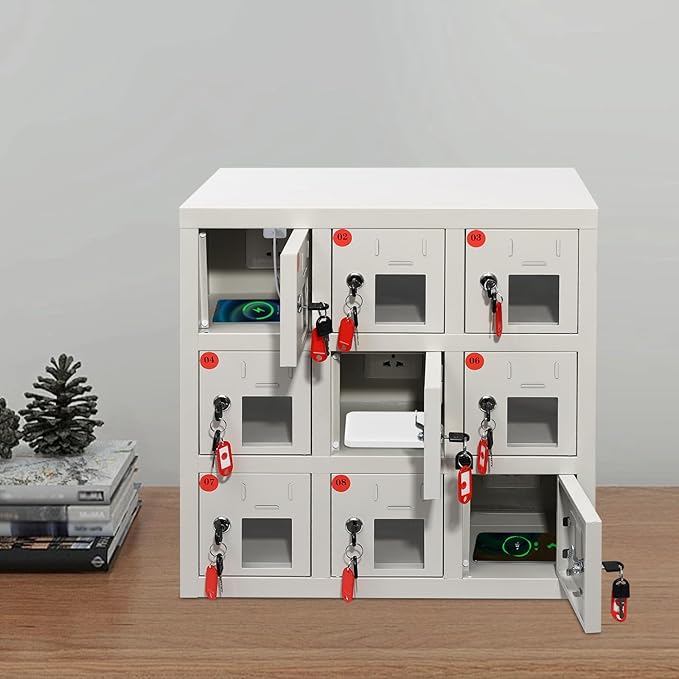 9 Slots Cell Mobile Phone Steel Locker with Lock, Cell Phone Locker with Charging Station, Cellphone Locker for Schools, Conference Rooms, and Offices