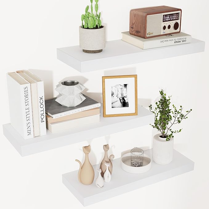 fuqing Floating Shelves for Wall - White Wood Wall Shelves Set of 3 - Modern Style Wooden Shelves for Room Decor & Storage