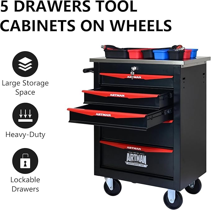 5-Drawer Heavy-Duty Rolling Steel Tool Cart with Handle&Wheels, Metal Storage Organizer Cabinet, Tool Chest for Efficient Tool Storage in Garage, Warehouse, Workshop, Repair Shop, Black&RED