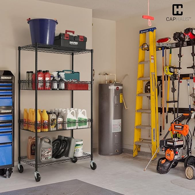 CAPHAUS NSF Commercial Heavy Duty 4 Tier Wire Shelving w/Two Rectangle Baskets, Wheels, Leveling Feet, Storage Metal Shelf, Basement Garage Shelving, Utility Wire Rack Storage Black