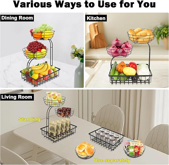 3 Tier Countertop Fruit Vegetable Basket Bowl Storage, Solid Metal Kitchen Counter Organizer for Storing Fruits, Veggies, Bread, Snacks (Black)