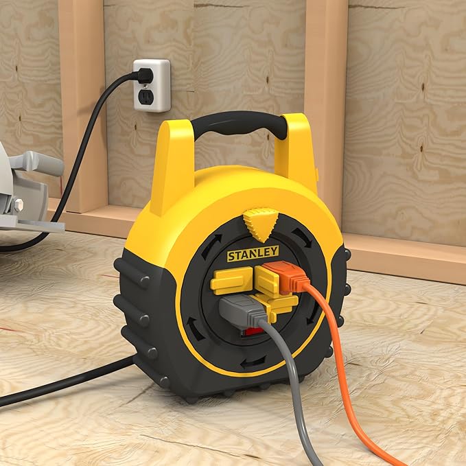 STANLEY Retractable Extension Cord Reel 20ft Portable 4 Outlet Cord Reel with On Off Switch 16/3 AWG Power Cable for Garage and Workshop ETL Listed