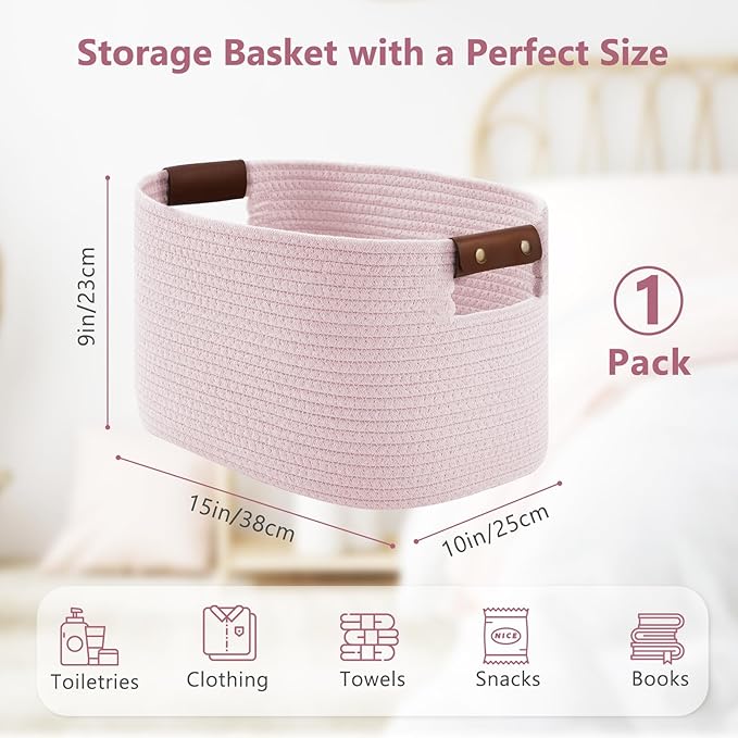 Cotton Rope Basket, Storage Baskets with Handle, 15x10x9 Inch Woven Basket for Shelves, Laundry, Towels, Clothes, Books (Light/Pink 1Pack)