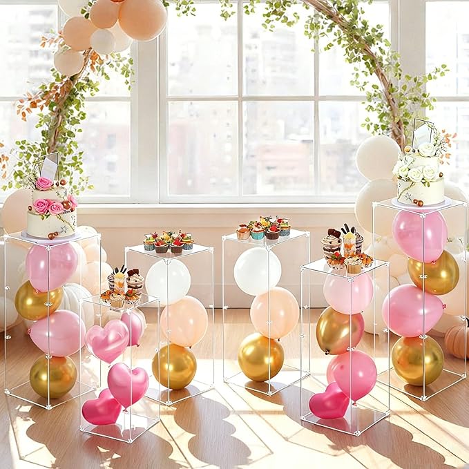 Vincidern 6pcs Acrylic Pedestal Stand for Party, Clear Lucite Square Display Pedestal for Flowers, Sculptures, Cake, Wedding, Events, Art Gallery, Party Decor 31.5*11.8''(2*L), 27.6*11.2''(2*M), 23.6*10.2''(2*S)