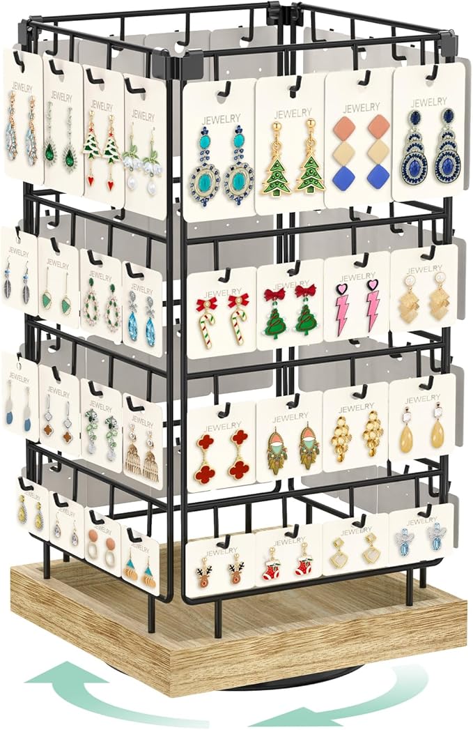 EsLuker.ly Rotating Earring Display Holder Stand for Vendors Events Selling, Large Capacity 64 Hooks Jewelry Rack with Wooden Base for Earring Card Sales, Enhances Retail Display Visibility