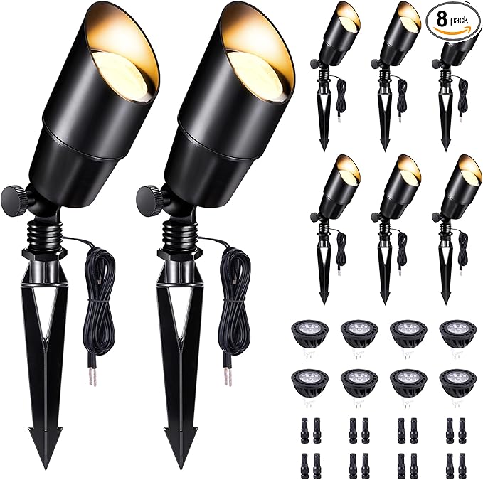 Black Outdoor Landscape Spotlights, LED Low Voltage Spot Light, Modern IP65 Waterproof Aluminum Fence Light for Yard Home Wall with 5W MR16 Bulb 4000K 8 Pack