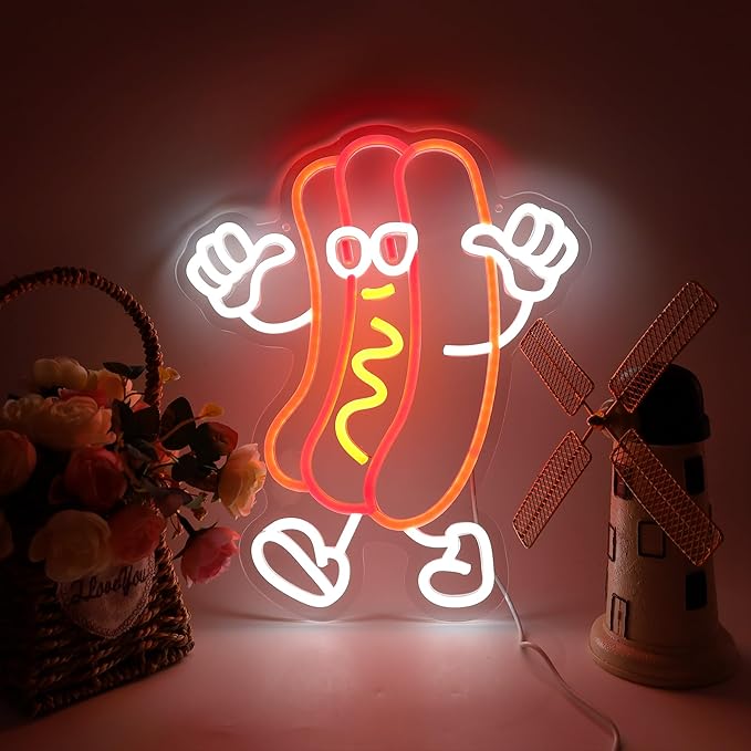 Hot Dog Dancing Neon Signs for Hotdog Themed Party Decorations LED Neon Hot Dog Light Up Sign for Room Wall Decor hotdog Gifts 12.8 * 15.2 Inch