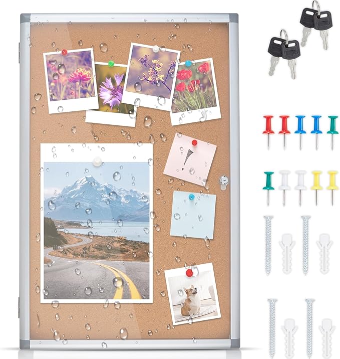 Enclosed Cork Bulletin Board Tamper-Proof Dispaly Case, Aluminium Frame, All-Weather Cork Noticeboard, Outdoor Enclosed Cork Board for School, Office, Restaurant, Hospital (38 X 26 Inches)