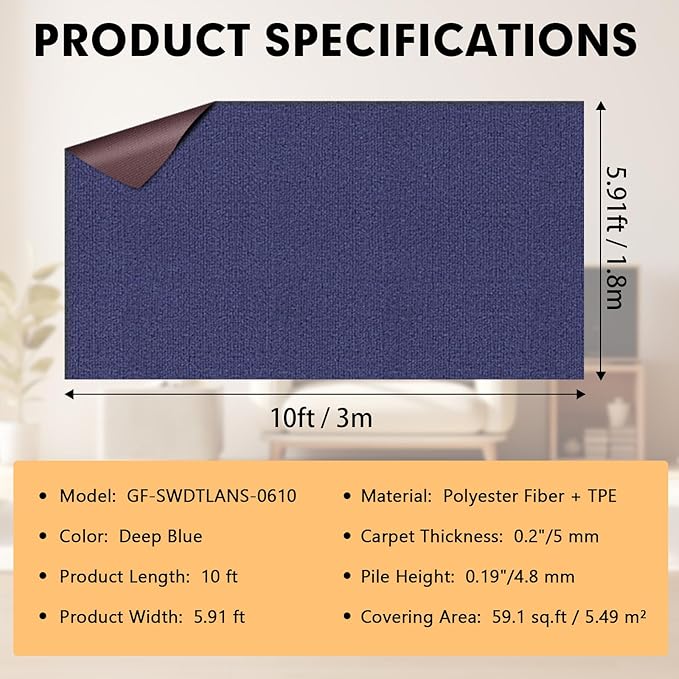 Marine Carpet,6 FT x 10 FT Deep Blue Indoor Outdoor Carpet 0.2" Thick Boat Carpet with Water-Proof TPE Backing, Non-Slide Outdoor Marine Carpet Roll for Home, Patio, Porch, Deck