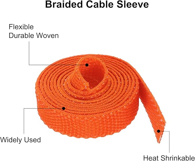 MECCANIXITY Braided Cable Sleeves Heat Shrinkable Fabric Sleeving, 1/4" 3ft Orange 2:1 Ratio Heat Shrinkable Cord Protector for Harness Cable, Network Cable Protection, Cable Management