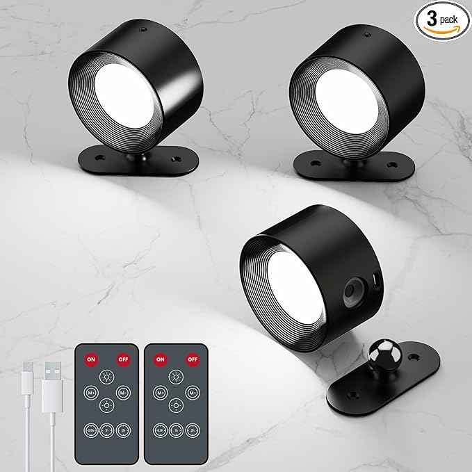 3Pack Battery Operated Wall Sconce, 3 Color Modes 3 Brightness Levels 360°Rotation Lighting Timer Touch & Remote Control, Wall Mounted Lamp LED Wall Lights for Bedroom Reading Bedside (Black)