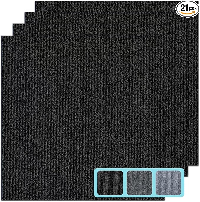 Carpet Tile 24” X 24” Self Adhesive Carpet Floor Tiles Anti-Slip Reusable Carpet Squares Peel and Stick Carpet Floor Tile Easy Install DIY for Bedroom Living Room (21, Black)