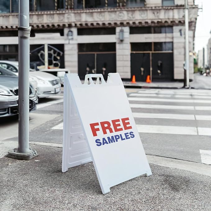 Free Samples 24" x 36" Double Sided A-Frame Sidewalk Sign Includes 2 Plastic Inserts Foldable Portable White Signicade Sandwich Board Retail Promotions Customer Incentives Business Signage Made in USA
