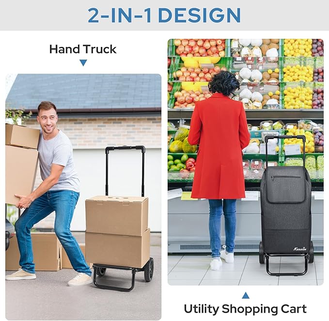 KEDSUM 2 in 1 Shopping Cart for Groceries, 330 lbs Grocery Cart on Wheels, Foldable Utility Carts with Wheels, Hand Truck with Waterproof Tote Bag for Shopping, School, Laundry, Craft Show, Black