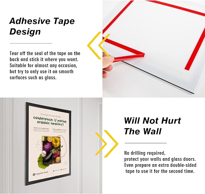 Acrylic Magnetic Sign Holder, Easy-Opening 8.5 x 11 Wall Mount Display Frames, Self Adhesive Back Plastic Clear Document Frame, Horizontal & Vertical Display (Black, 12Pack)
