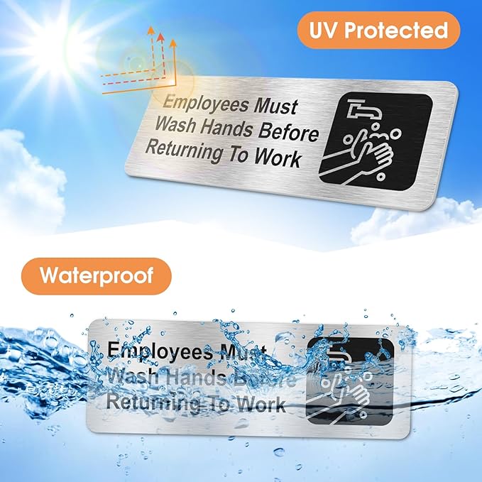 Faittoo Employees Must Wash Hands Before Returning to Work Sign, (4 Pack) Rust Free Brushed Aluminum Sign with Symbols, Self-adhesive, for Restaurant, Salons, Hotel, Rest Stops, Public Restrooms
