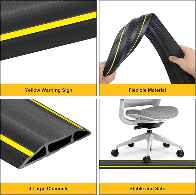 20 Ft Heavy Duty Floor Cord Cover Cable Protector, 3 Channels Protect Cords and Prevent a Trip Hazard— Conceal Wires at Home, Office, Warehouse, Workshop, Concerts