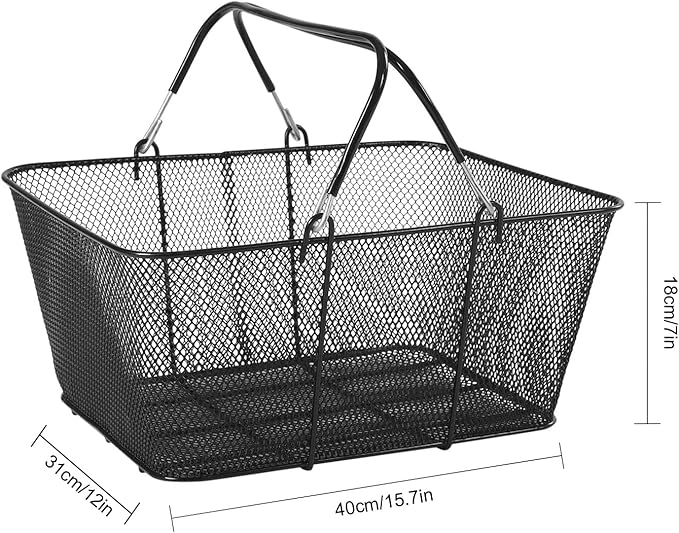 Set of 12 Shopping Baskets with Handles, Portable Black Metal Shopping Basket 15.7" x 12" x 7" Wire Mesh shopping Basket with Stand for Retail Stores Supermarket Grocery