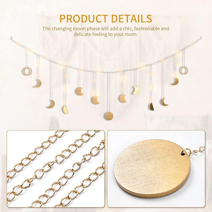 Moon Phase Wall Decor with LED String Light, 13 Gold Wood Boho Wall Hanging Decor Mood Garland 56'' - Celestial Phases Moon Decoration in Bohemian Style for Bedroom Living Room Thanksgiving Day Gifts