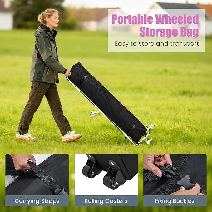 Tangkula 6.5x6.5 FT Pop Up Canopy, UPF50+ Outdoor Canopy Tent with 2 Removable Sidewalls, 2 Zippered Doors, Heavy-Duty Carbon Steel Frame, Wheeled Bag, 4 Sandbags, 8 Stakes, 4 Wind Ropes (Pink)