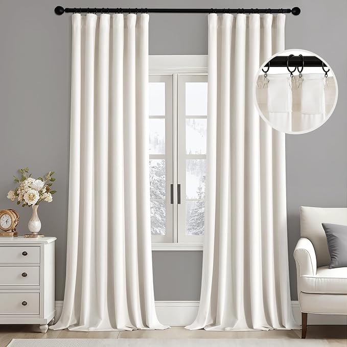 MIULEE Velvet Curtains 94 Inches Long 2 Panels Set for Living Room Bedroom, Cream Pinch Pleat Back Tab Luxury Thermal Insulated Light Blocking Drapes Pleated Blackout Window Curtains with Hooks Ivory
