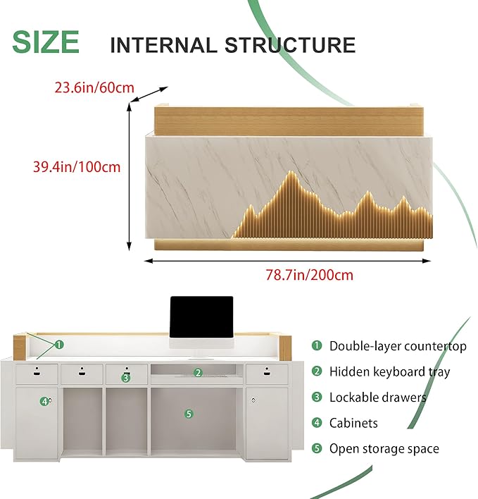 Modern Reception Desk with Counter Front Reception Table with Hidden LED Lighting Commercial Receptionist Desk Wood and White Checkout Counter Fully Assembled and Ready to Use 79inch