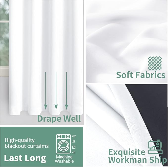White Blackout Curtains 72 Inch Length 2 Panels for Bedroom Living Room, 100% Light Blocking Thermal Insulated Soundproof Grommet Middle Length Window Curtains for Darkening, Each 42 Inch Wide
