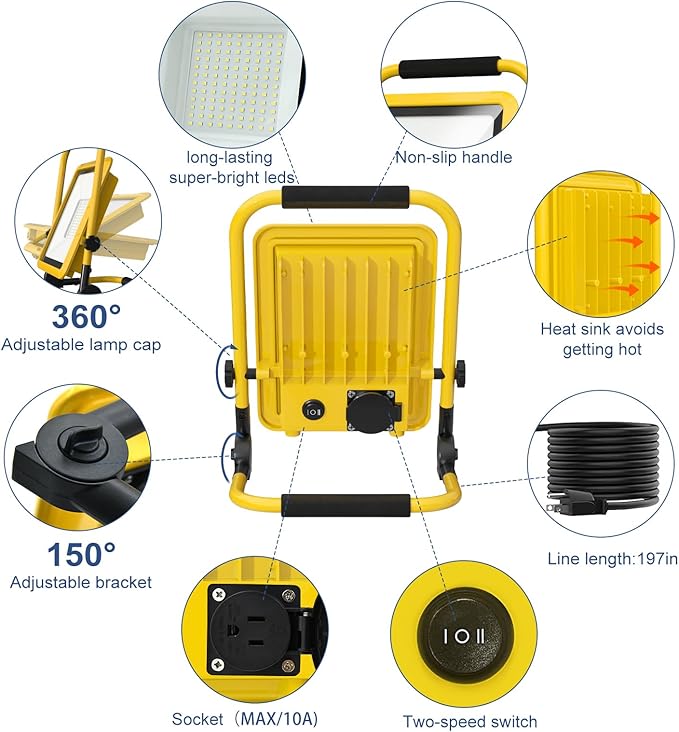 10000LM LED Work Light, 50/80W Patterns Portable Flood Light with Socket & Switch, Outside Work Lights with Stand,16.4 ft Cord, 2 Brightness Modes Adjustable Worklight for Workshop Garage,Construction