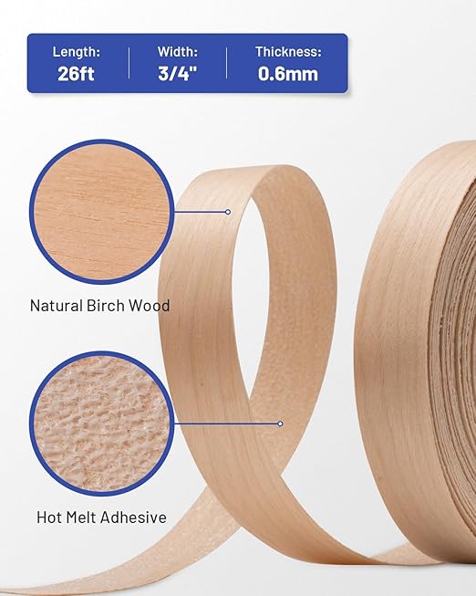 Birch Edge Banding 3/4 inch x 25 ft Real Wood Veneer Plywood Edge Banding Iron-on Pre-glued Veneer Edging Tape for Cabinet Repairs Furniture Restoration