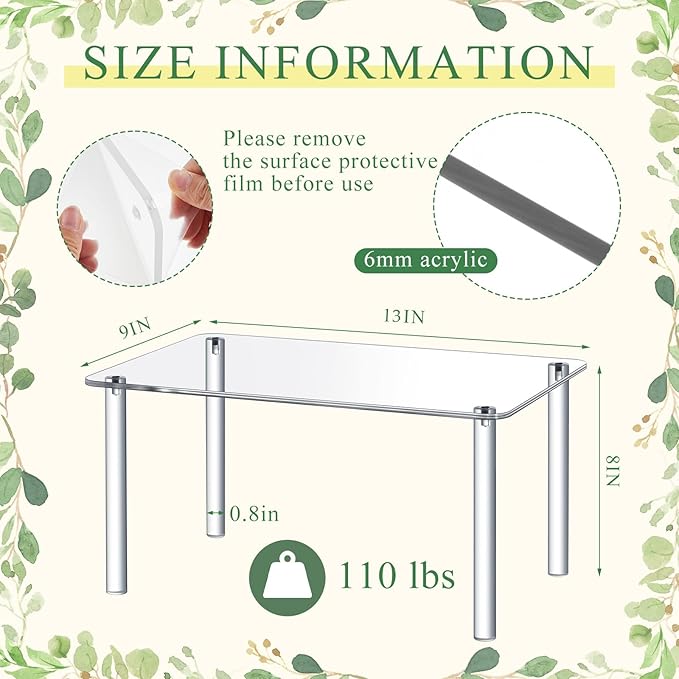 Extra Large 6mm Thick Acrylic Rectangular 4-leg Display Risers, Acrylic Stand, Clear Shelf Riser Display Stands for Decor Collectibles Figures(1 Pcs,13×8×7in)