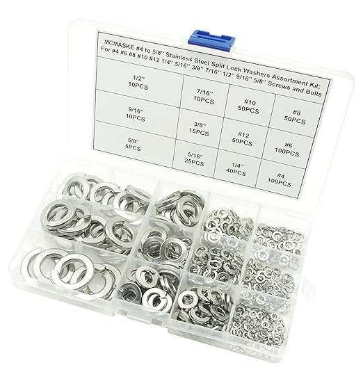 #4 to 5/8 Stainless Steel Split Lock Washers Assortment Kit,for #4#6#8#10#12 1/4" 5/16" 3/8" 7/16" 1/2" 9/16" 5/8" Screws/Bolts