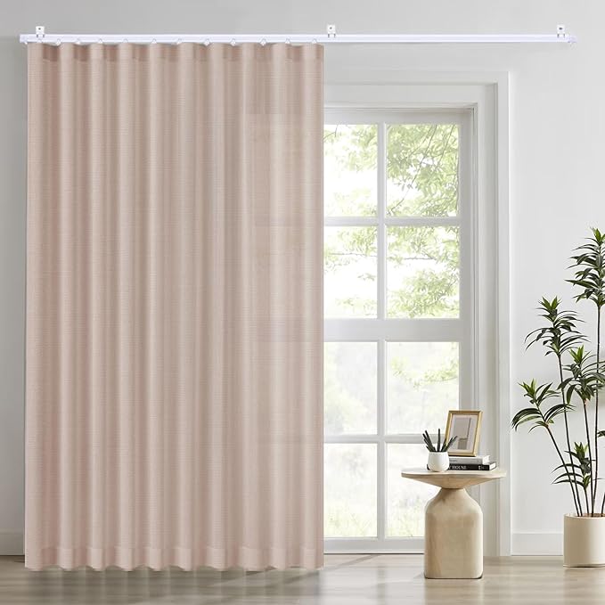 Faux Linen Semi Sheer Room Divider Curtain with Flexible Ceiling Track, Extra Wide Light Filtering Privacy Curtains for Patio Sliding Glass Door, Living Room, Bedroom, Light Coffee, W100xL96, 1 Panel