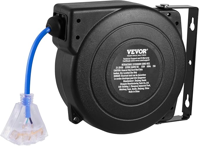 VEVOR Retractable Extension Cord Reel, 50 FT, Heavy Duty 14AWG/3C SJTOW Extension Power Cord with Lighted Triple Tap Outlet, 13A Circuit Breaker 180° Swivel Bracket for Ceiling or Wall Mount, Blue