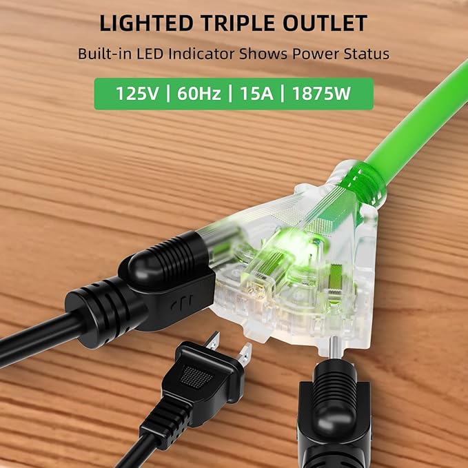 50 FT Retractable Extension Cord Reel, Heavy Duty 12AWG/3C SJTOW Power Cord, Lighted Triple Tap, 15A Circuit Breaker, Wall/Ceiling Mount Electric Cord Reel for Garage & Workshop, ETL Listed, Green