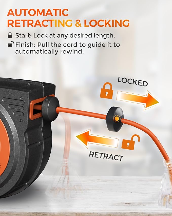 40 FT Retractable Extension Cord Reel, Heavy Duty Power Cord, 12AWG/3C SJTOW, 3 Grounded Outlets Lighted Triple Tap, 15 Amp Circuit Breaker, Wall/Ceiling Mounted, ETL Listed, Orange G40ACR06