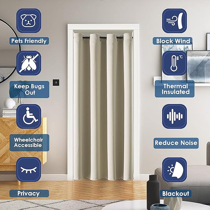 ChrisDowa Blackout Door Curtains for Doorway Privacy, Grommet Closet Curtains for Bedroom Closet Door, Thermal Insulated Temporary Doorway Cover Room Divider Drapes (1 Panel, Beige, 42 x 80 Inch)