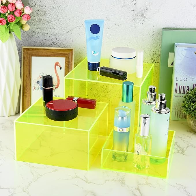 6Pcs Fluorescent Yellow Buffet Risers Acrylic Boxes Display Risers Food Risers for Buffet Table Display Riser for Platter Parties Weddings Catering Dessert Collectibles Figures Show ( 6''x7''x8'')