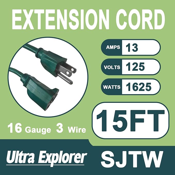 15 Ft Indoor Outdoor Green Extension Cord, 16/3 SJTW Heavy Duty Water-Resistant, 3 Prong Grounded Plug Power Cord for Home Appliance, Lights and Lawn, 13A 1625W, UL Listed