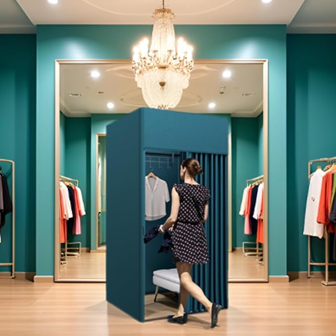 Clothing Store Fitting Room, Portable Dressing Room, Movable Changing Room for Boutique with Shading Fabric Cloth Privacy Curtains Screen for Bar Party Pool (Blue)