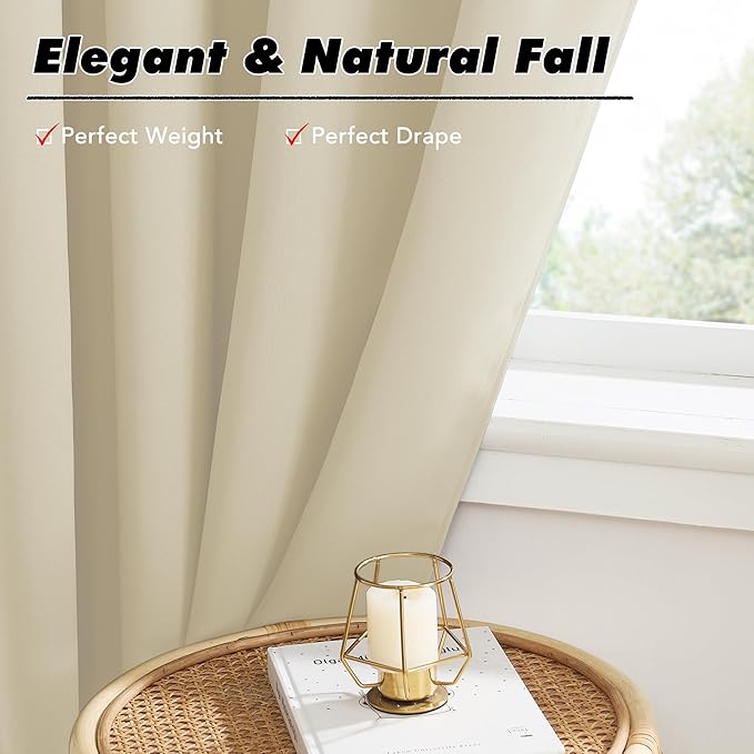 KGORGE 45 inch Curtains for Small Window, Privacy Solid Thermal Insulated Curtains Noise Reducing Window Drapes for Living Room Kitchen, Back Tab Rod Pocket, W52 x L45, Biscotti Beige, 2 Panels