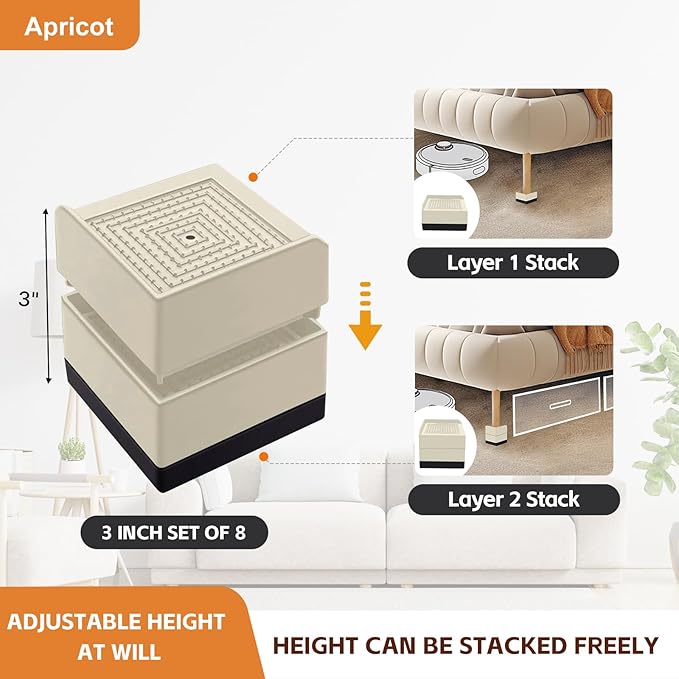 Bed Risers, Furniture Raise Blocks, 3 inch Stilts Heavy Duty for Bed Couch Desk Sofa Table Lifts, Furniture Legs Lifters Support up to 1300 Lbs (Beige, 8 Pack Set)