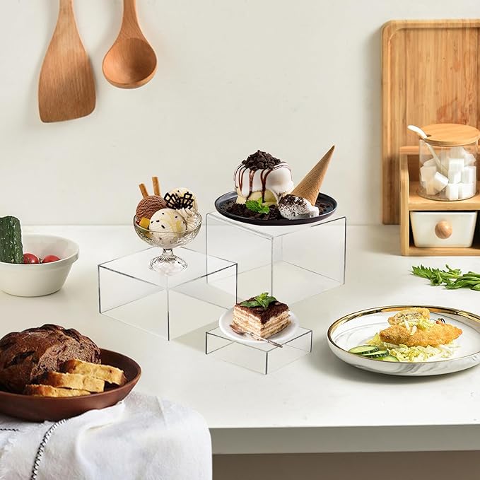 6 Pcs 3 Size Acrylic Cube Display Risers Acrylic Boxes Dessert Display Nesting Cubes, Buffet Risers with Hollow Bottom for Jewelry Collectibles Cosmetics Figures Show