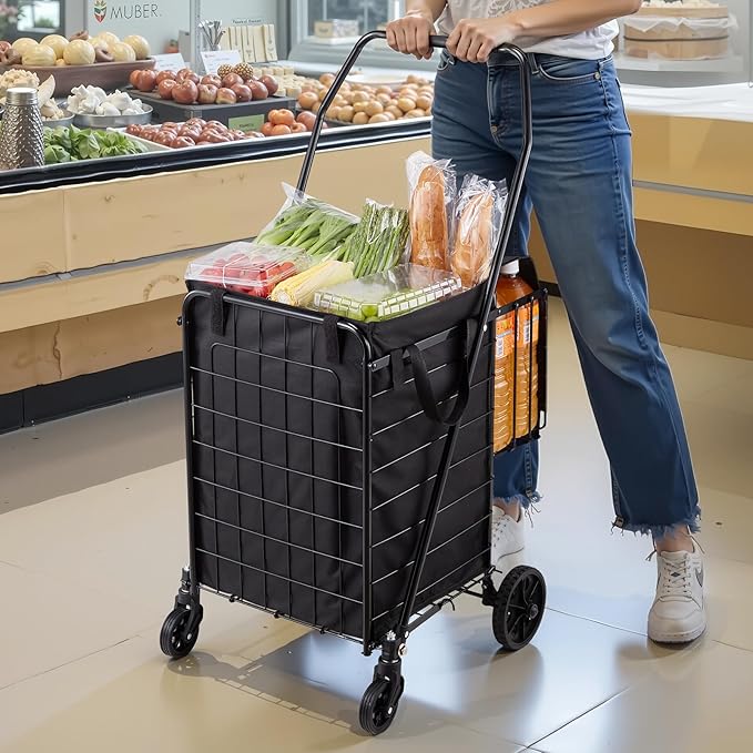 VEVOR Shopping Cart, Folding Grocery Utility Cart with Dual Baskets, Waterproof Liner & Wheels, 100 LBS Large Load Capacity, Heavy Duty Laundry Basket for Laundry, Shopping, Camping, Grocery, Luggage