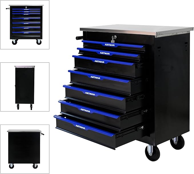 7 Drawer Rolling Tool Chest with Locker, 25.9" D Metal Movable Lockable Tool Cart Box Multi-Functional Hardware Storage Cabinet Box for Warehouse Basement Home Pantry Garage