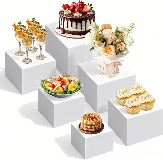 6 Pcs Buffet Risers and Stands, Large Food Risers for Buffet Table, Display Stand Shelf for Party, Catering, Jewelry & Collectibles, White Acrylic Nesting Boxes for Food Display (5" 6" 7" 8" 9" 10")