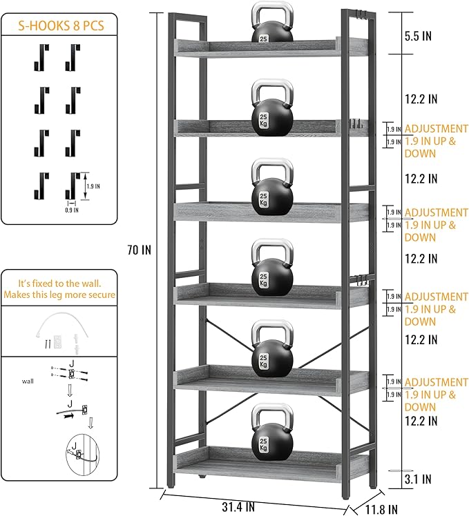 HCHQHS 6 Tier Bookshelf, Adjustable Industrial Bookcase, Vertical Tall Book Shelf, Wood and Black Metal Open Bookshelves for Home Office, Living Room, Bedroom