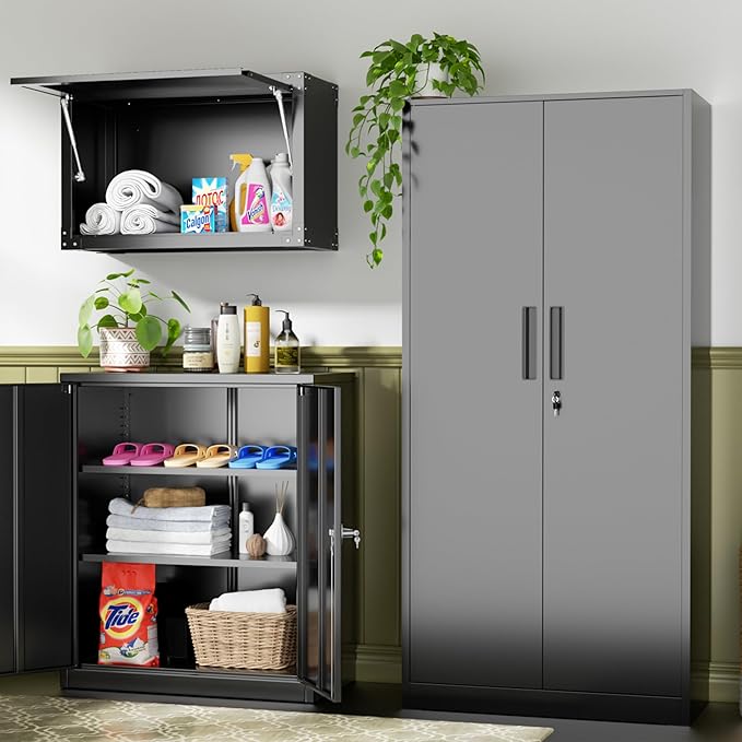 INTERGREAT Storage Cabinet with Doors and Shelves, Metal Garage Storage Cabinets with Lock, Black Lockable Steel Supply Cabinet for Home Office, Warehouse