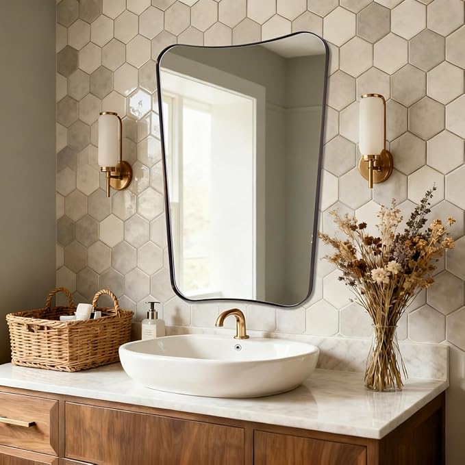ANDY STAR Brushed Bronze Asymmetrical Mirror, 24"x32" Bathroom Mirror with Premium Stainless Steel Thin Frame, Antique Butterfly-Inspired Designer Mirror, Ideal for Bathroom, Powder Room, Entryway