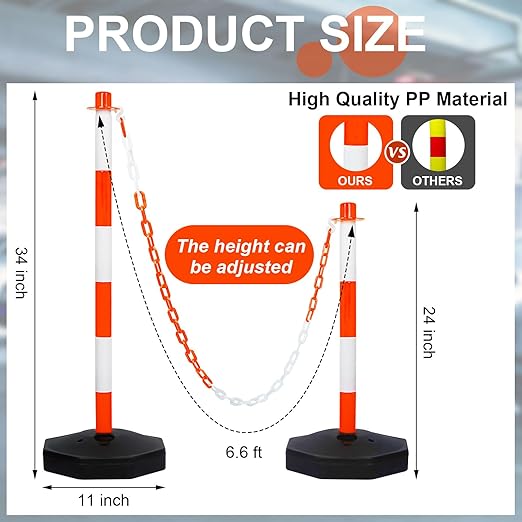Amylove 9 Packs Traffic Delineator Post Cone with Base, Traffic Cones Safety Cones Caution Cones Plastic Stanchion Chain Safety Barriers with 6.6 Feet Link Chain and S Hooks for Parking Lot (Orange)