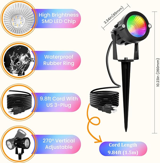 Halloween Christmas Spotlights Outdoor: RGBW Spotlights Plug-in 120V Remote Control 16 Color Changing Waterproof LED Landscape Spot lights for Yard Garden Lawn House Décor, 6 Pack (RGB + Warm Light)